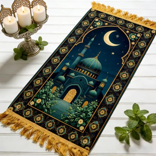 Alfombra de rezo con diseño de Kaaba, luna y estrella extendida, vista frontal
