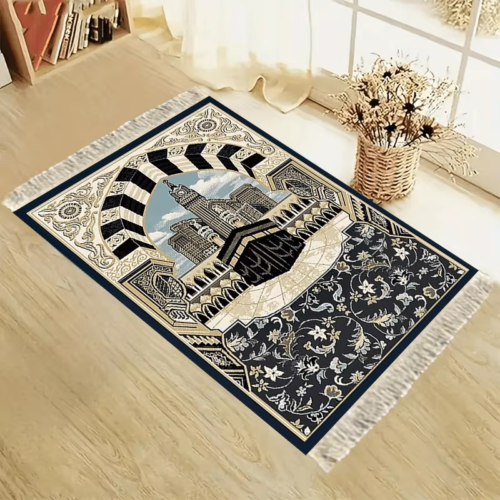 Alfombra de rezo artística con diseño decorativo de La Meca extendida en salón