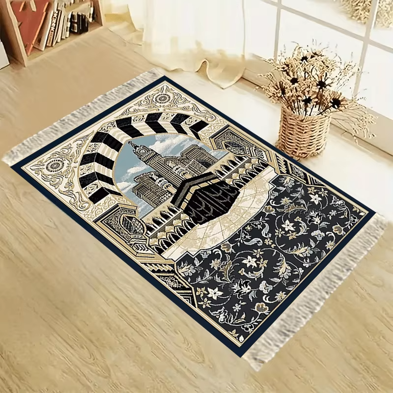 Alfombra de rezo artística con diseño decorativo de La Meca extendida en salón