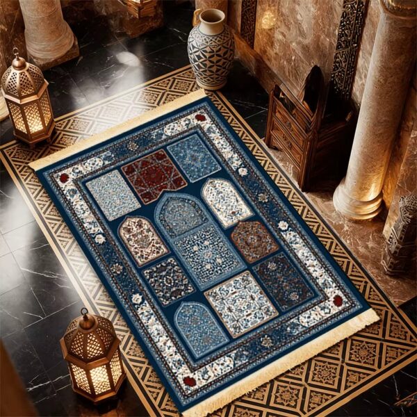 Alfombrilla de rezo islamica - estilo arabe (2) Alfombra de oración árabe en colores verde y dorado sobre fondo neutro