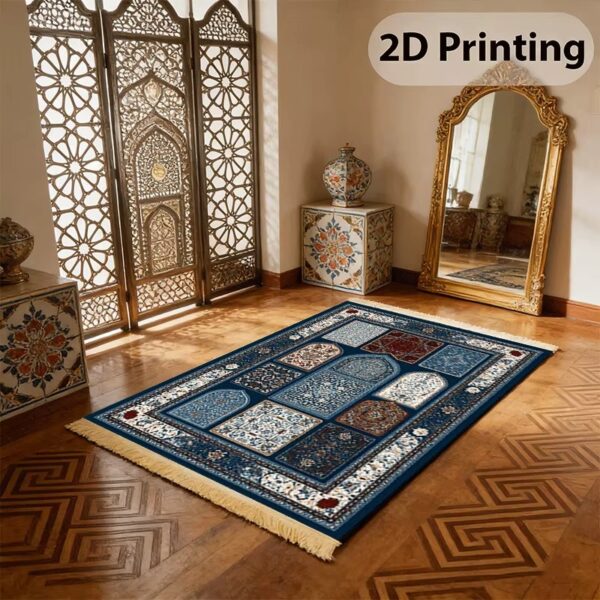 Alfombrilla de rezo islamica - estilo arabe (6) Alfombra de rezo árabe con diseño de arabescos extendida, vista cenital