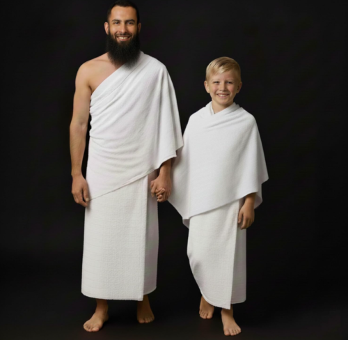 Niño vistiendo Ihram blanco de algodón suave para Hajj o Umrah