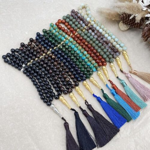Pack de 6 Tasbihs de colores surtidos (azul, verde, marrón, negro, etc.) en una caja de regalo